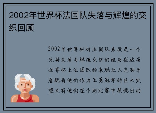 2002年世界杯法国队失落与辉煌的交织回顾